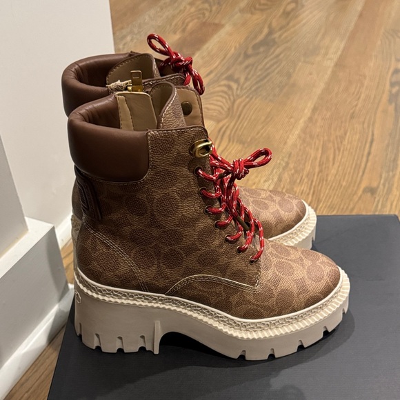 Coach Women's Tan and Red Lace-Up Boots - Picture 4 of 6